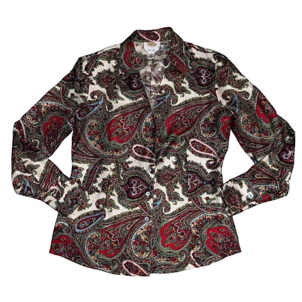 Talbots Pure Silk Paisley Button Down Blouse Red Green Blue Long Sleeve Size 10
